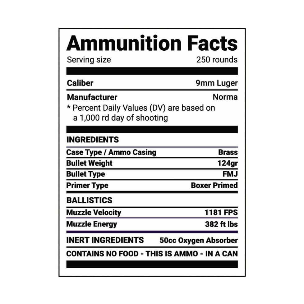 9mm Luger 124gr FMJ (Whole Corn) 250 Rounds per can